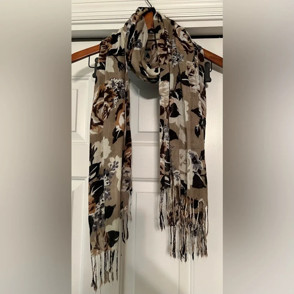 Neutral Taupe Floral Scarf with Fringe | Elegant Fall Wrap EUC 28